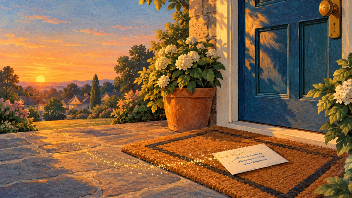 A plain envelope on a doormat in front of a door, with a trail of gold glitter leading across the mat.