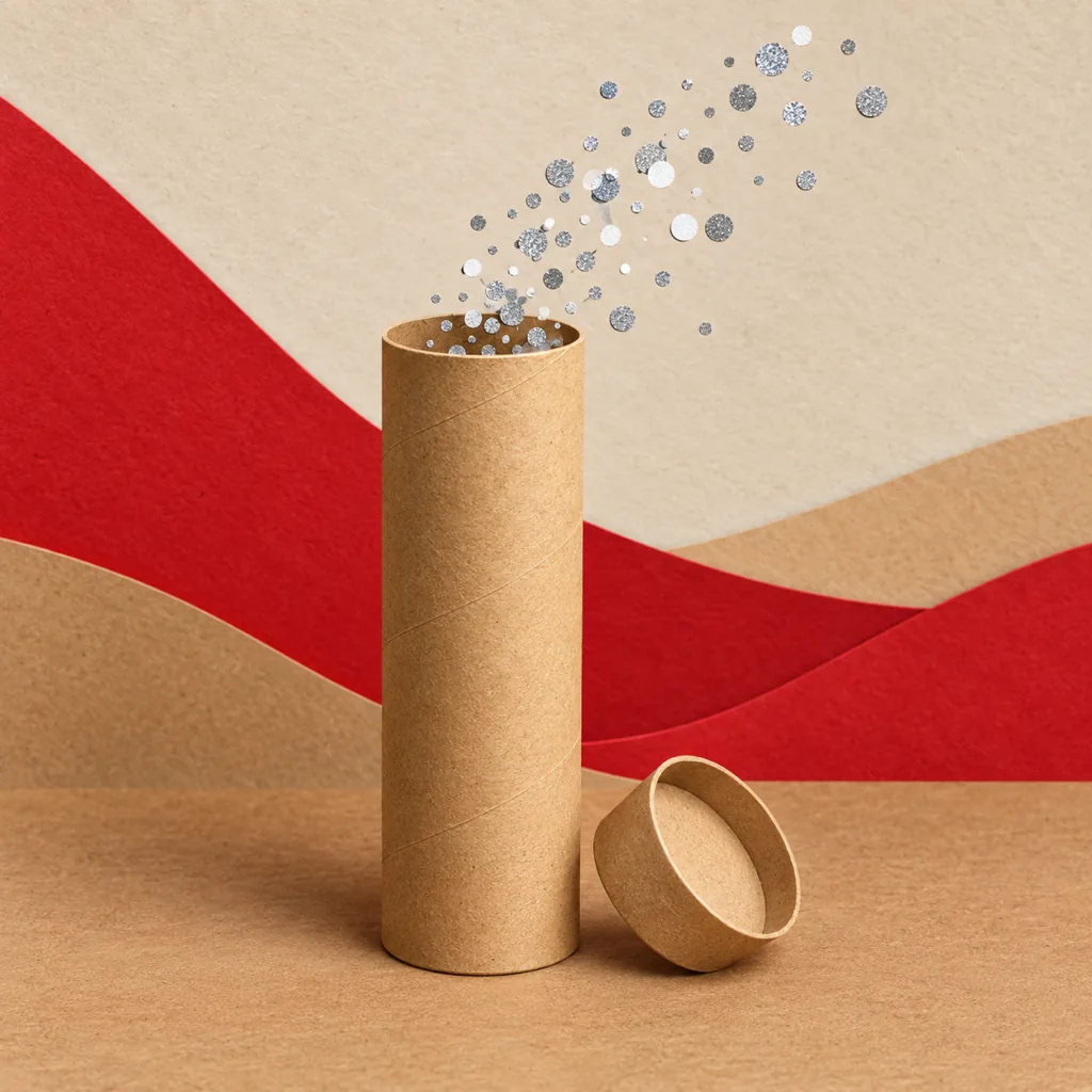 A cardboard mailing tube standing on a table with its cap beside it and a small puff of silver glitter rising from the open end.