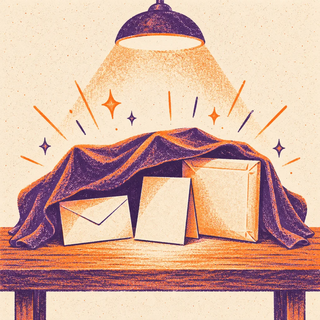 Three covered shapes on a table under a cloth, one flat, one folded and one boxy, lit by a spotlight.