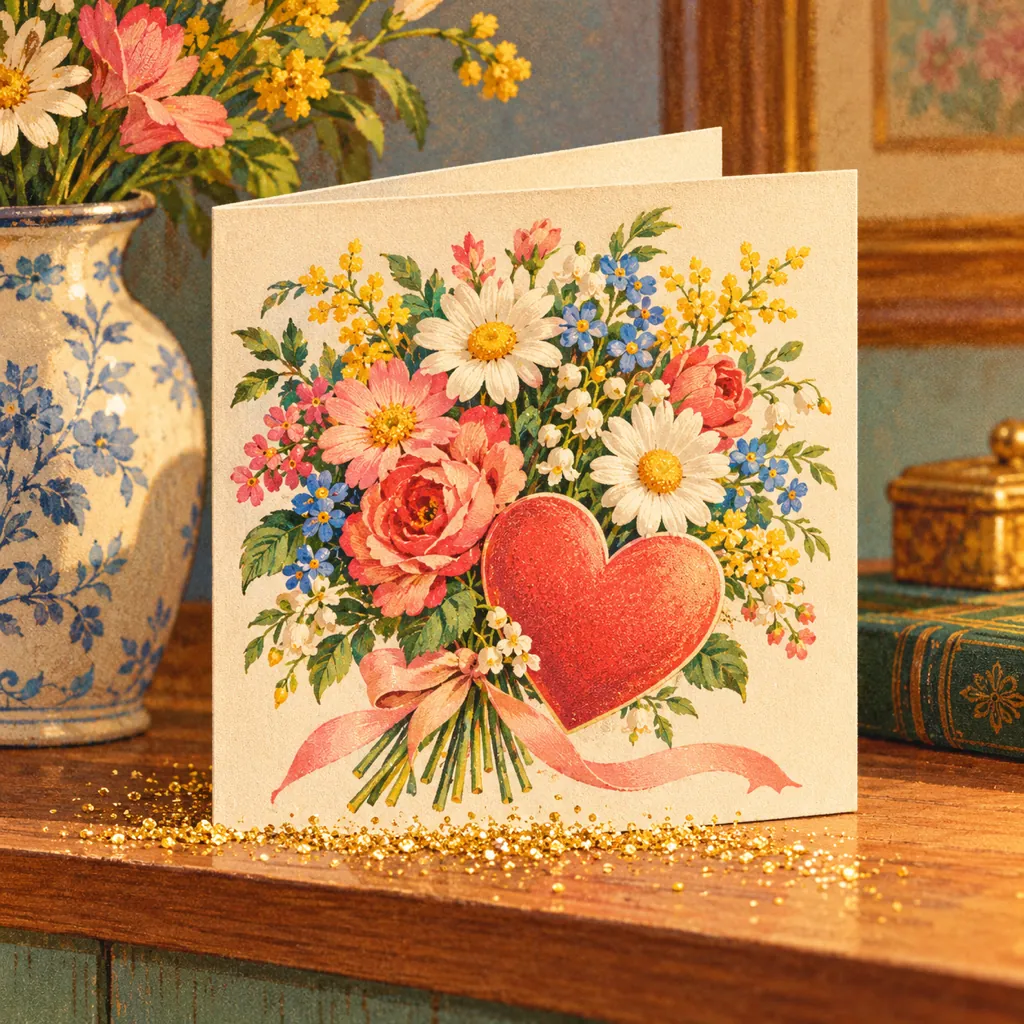 A greeting card with flowers and a heart on the front, standing on a shelf with a small drift of gold glitter at its base.