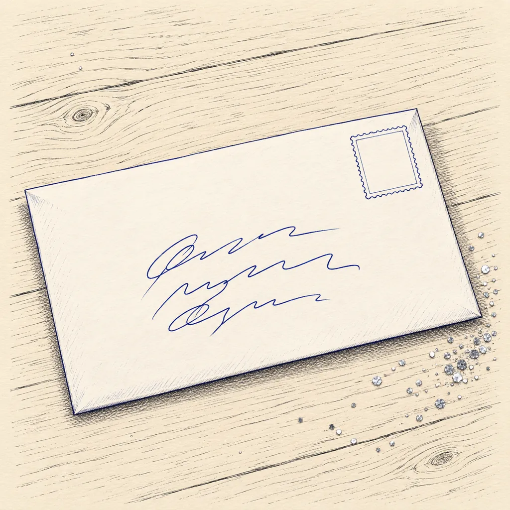 A plain white envelope addressed in blue pen on a wooden table, with a few flecks of silver glitter beside it.
